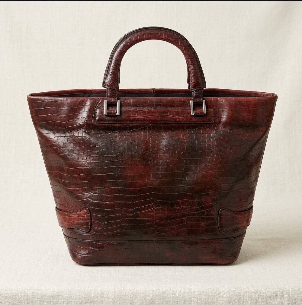 Terry Lewis Brown Cherry Croc Embossed Tote Bag Structured Satchel Handbag